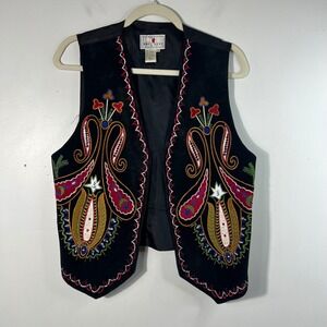 Vintage Erez Levy Embroidered Leather Suede Vest Floral Black Lined M